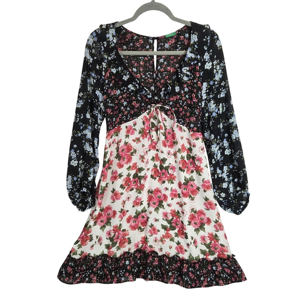Benneton Ruffle Cottagecore Dress S Black Cream Red Floral Coquette Fairy Whimsy